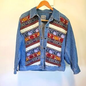 Tapestry Embroidered Patchwork Denim Jacket Sz Small Boho Festival Floral Y2K
